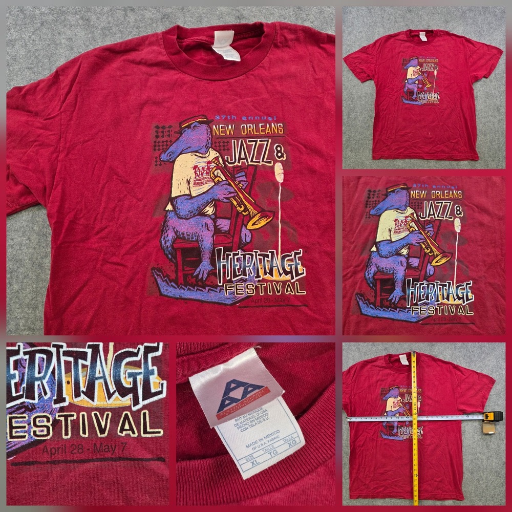 VTG New Orleans Jazz Heritage Festival T Shirt Mens XL Red Gator Tee Alstyle